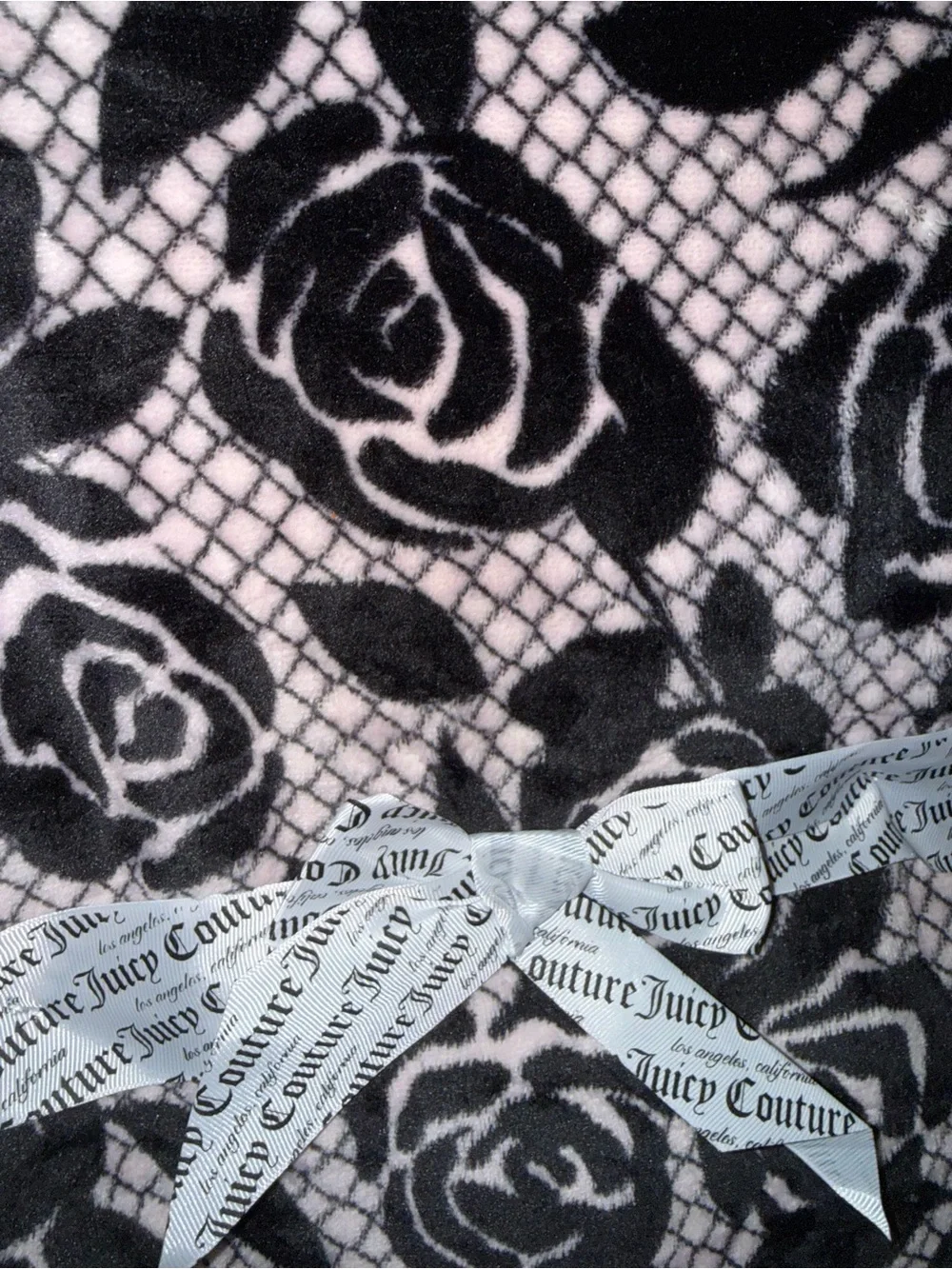 Juicy Couture Black & Light Pink Rose Print Plush Throw Blanket
